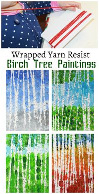 Wrapped yarn resist birch tree paintings for every season. Kids arts and crafts projects. Inspired by artist Gustav Klimt