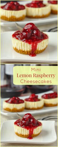 Mini Lemon Cheesecakes with Raspberry Sauce - at only 200 calories each, this recipe yields 12 perfect little portions of cheesecake to let you indulge without a huge calorie binge. It's a perfect Valentine's Day dessert too!