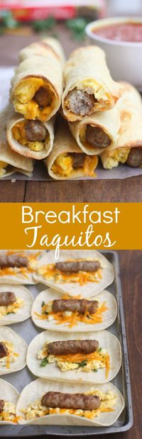 Scrambled eggs, cheese and sausage links rolled and baked inside a corn tortilla. These Egg and Sausage Breakfast Taquitos are simple and delicious!| Tastes Better From Scratch