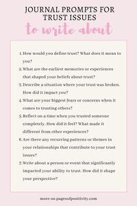 Discover powerful journal prompts for trust issues that help you build stronger connections. Use these journal prompts for personal growth to reflect on past experiences, explore emotions, and identify patterns. Journal about the impact on relationships and envision a future of trust. Use these journal prompts about trust to explore self-trust, set boundaries, and visualize trust-filled scenarios. Rebuild trust with insightful prompts.