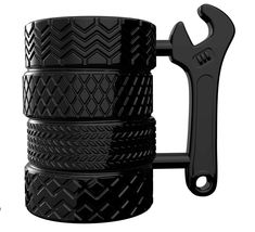 a black mug with a wrench attached to it