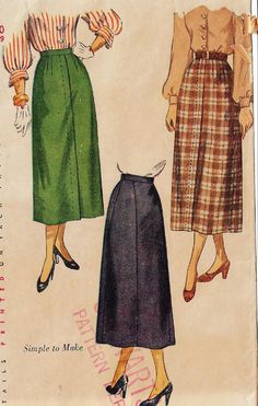 Misses' Skirt: The dart-fitted skirt is seamed at either side of the center back and joins to a waistband. A simulated fly open at the lower edges is featured Pattern printed by Simplicity in 1948, and has been cut out, and is complete. This is an original sewing pattern with all of the original pattern pieces and instructions. This is not a PDF or copy, and is NOT the actual garment. Waist 30 Hip 39 For more vintage 1930s, 1940s and 1950s sewing patterns https://www.etsy.com/shop/CloesCloset?se 1940s Fashion Women Outfits, Dresses Reference, Antique Outfits, 1940s Clothes, 1940s Aesthetic, 1940s Fashion Women, Fashion 40s, 1940s Women