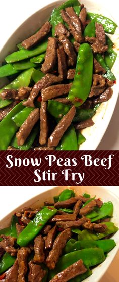 the beef and snow pea stir fry is ready to be eaten