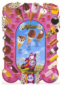 an advertisement for ice cream with many different types of toppings and flavors on it