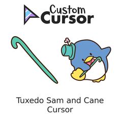 an image of a cartoon penguin with a cane in it's mouth and the caption tuxedo sam and cane cusor