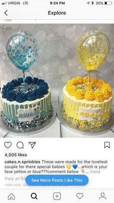 two cakes with blue and yellow frosting on them, one has a globe topper