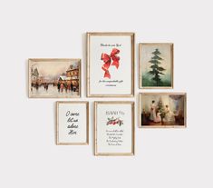 four framed pictures hanging on the wall with christmas cards attached to them, all decorated in different styles and colors