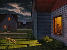 a painting of a dog running in front of a house at night with the light on