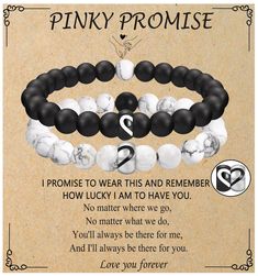 two black and white bracelets with the words pinky promise