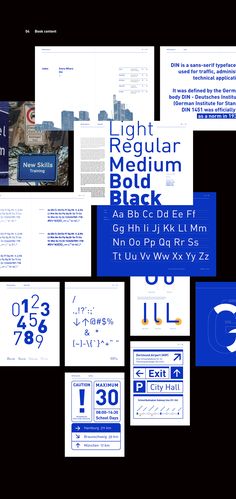 an assortment of blue and white business brochures with numbers, letters, and symbols