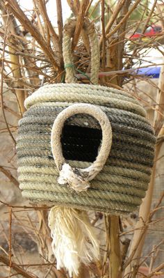 a bird house hanging from a tree branch