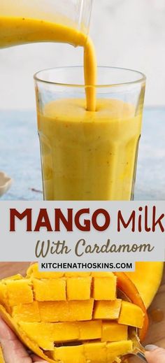 mango milk being poured into a glass with sliced mangoes on the side and text overlay that reads mango milk with cardamoon