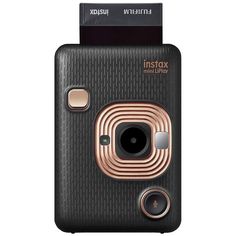 an instax camera with a card attached to the front and back cover on it