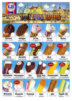 an advertisement for ice creams and desserts in different languages, including the names