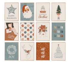 twelve christmas cards with santa claus, snowflakes, holly wreaths and reindeer