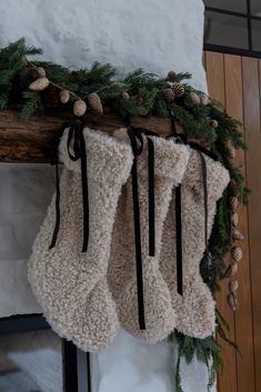 two christmas stockings hanging from a mantle with pine cones