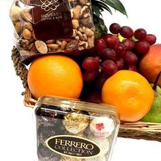 an assortment of fruit and nuts in a basket