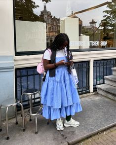 🍃🍃🍃 Eclectic Fashion Style Summer, Cornflower Blue Outfit, Blue Tshirt Outfit, Style Manifestation, Green Shoes Outfit, Eclectic Fashion Style, Adorable Dresses, Fun Outfits, Work Fits