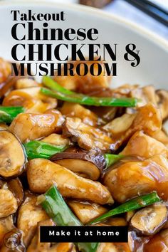 chicken and mushroom stir fry on a white plate with chopsticks in the background