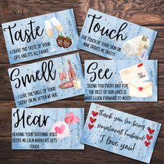 four valentine's day cards with the words taste, touch and smell on them