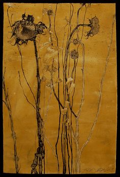 an abstract painting with branches and flowers on a yellow background