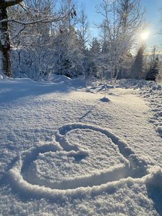 the sun is shining on some snow covered trees and bushes with a smiley face drawn in it