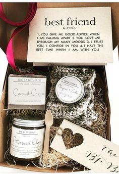 the best friend gift box is packed with candles, tags and other items to give as gifts