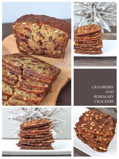 a collage of pictures showing different types of breads and pastries, including cranberry raisin rosemary crackers