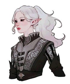 a drawing of a woman with white hair and black clothes, wearing an elf outfit