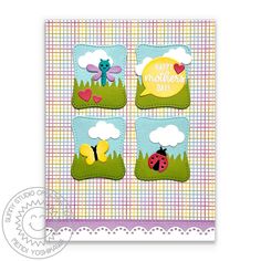 a greeting card with three ladybugs on the front and two butterflies on the back