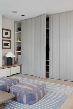 a living room filled with furniture and lots of closet space next to a wall mounted bookcase