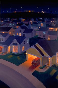 an artist's rendering of houses at night with cars parked in the driveway and lights on