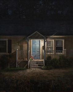 a painting of a house at night with steps leading to the front door and porch