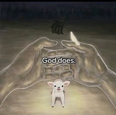 a drawing of a hand holding a small white dog in it's palm with the words god does