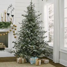 a decorated christmas tree in front of a fireplace