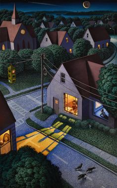 a painting of a neighborhood at night