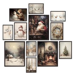 a collection of christmas pictures hanging on a wall