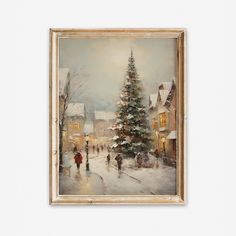 a painting of people walking down a snowy street with a christmas tree in the foreground