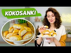 a woman is holding a plate with pastries on it and the words koosanki in front of her