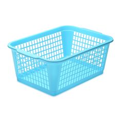 a blue plastic basket on a white background