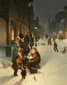 a painting of people playing in the snow on a city street at night with lights