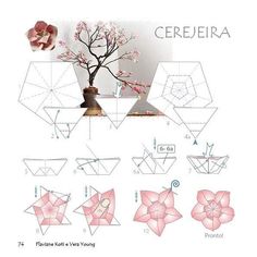 the diagram shows how to make an origami tree with paper flowers and vases