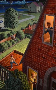 a painting of people looking out the windows of a red brick house at a green yard