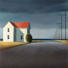 a painting of a house sitting on the side of a road with power lines in the background