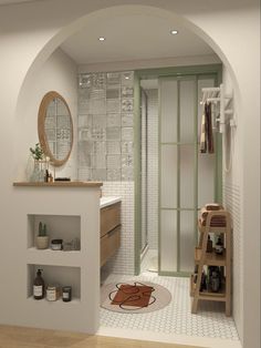 a bathroom with a sink, toilet and shower stall in the middle of it's room