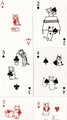 four playing cards with cats and dogs on them, all in different positions to play the game