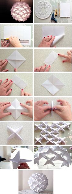 the steps to make an origami paper sculpture with scissors and glue on it