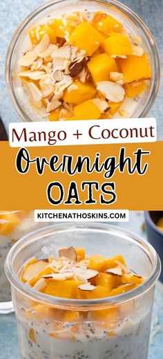 mango and coconut overnight oats in a glass bowl with the title overlay reads, mango and coconut overnight oats