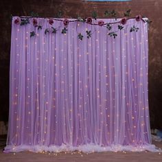 a purple backdrop with roses and lights on it