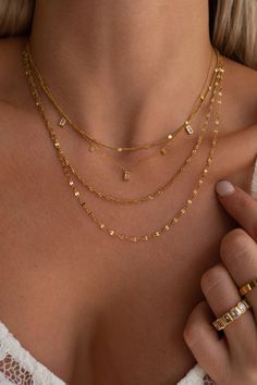 Details: 18K Gold plated Stainless Steel Water Resistant Sizing: Length of necklace: approx. 15.5 - 17.5 inches Adjustable length Exsesory Aesthetic, Tan Skin Gold Jewelry, Gold Stack Necklace, Dainty Jewelry Stack, Simple Gold Accessories, Clean Girl Gold Jewelry, Grad Jewelry Gold, How To Style Gold Jewelry, Golden Accessories Jewelry